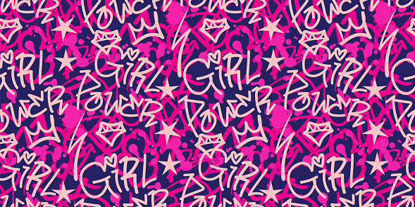 Girl power graffiti text art and symbol seamless pattern. Pattern swatch ready in vector color swatch panel. Can be used for textile, fabric print, wallpaper-decor, wrapping paper, home decor, clothing. banner, cover, cards and more