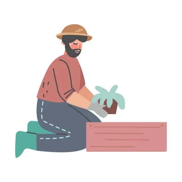 Vector illustration of Bearded Man Character at Greenhouse Planting and Cultivating Crop Vector Illustration