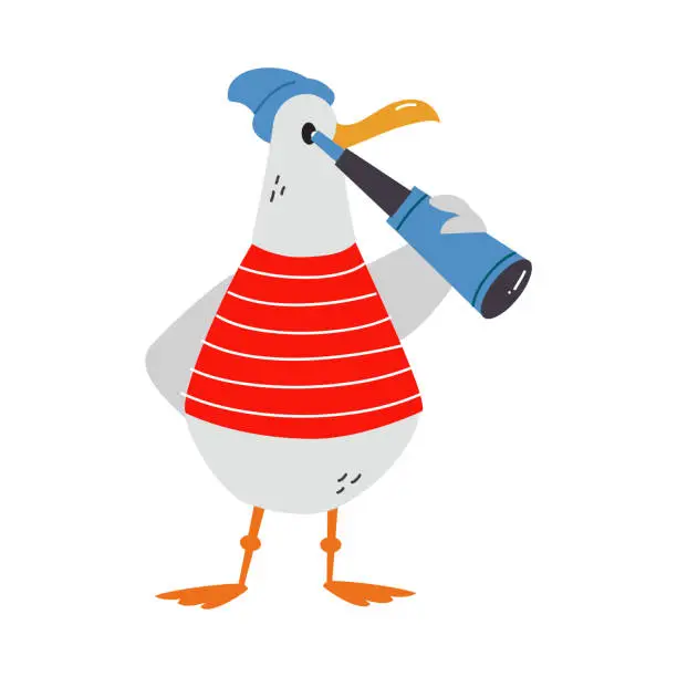 Vector illustration of Gull Character with Webbed Feet Wearing Striped Vest and Hat Watching Binoculars Vector Illustration
