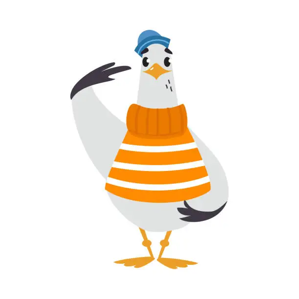Vector illustration of Gull Character with Webbed Feet Wearing Striped Sweater and Peakless Hat Saluting Vector Illustration