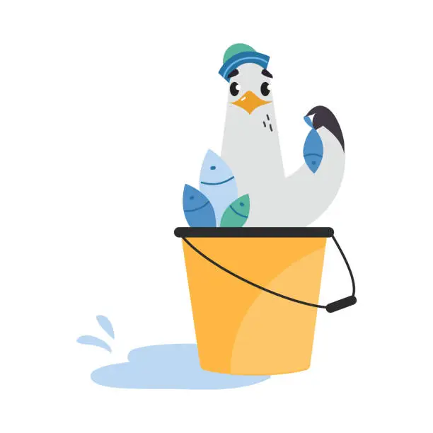 Vector illustration of Gull Character with Webbed Feet Wearing Peakless Hat Sitting in Bucket with Fish Vector Illustration
