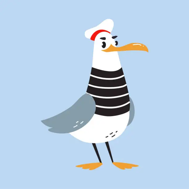 Vector illustration of Gull Character with Webbed Feet Wearing Striped Vest and Peakless Hat Standing Vector Illustration
