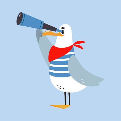 Gull Character with Webbed Feet Wearing Striped Vest Watching Binoculars Vector Illustration. Funny Seagull Sailor or Seaman Engaged in Marine Adventure Concept