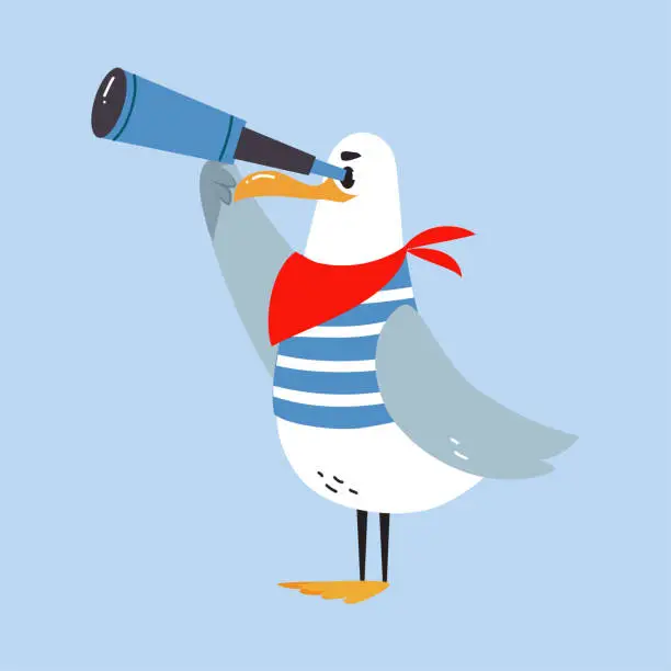 Vector illustration of Gull Character with Webbed Feet Wearing Striped Vest Watching Binoculars Vector Illustration