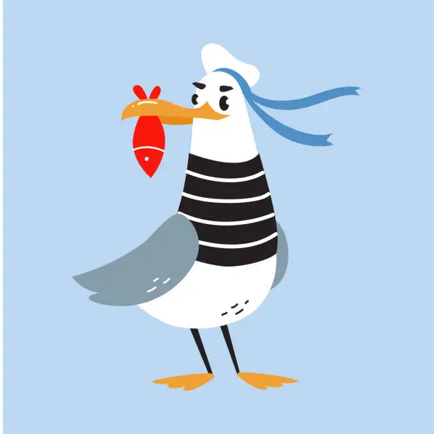 Vector illustration of Gull Character with Webbed Feet Wearing Striped Vest and Hat Holding Fish with Bill Vector Illustration