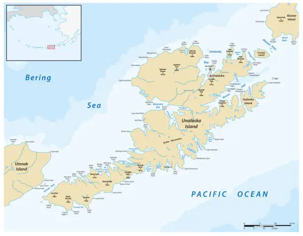 Vector illustration of Vector map of the Aleutian Island of Unalaska, Alaska, United States