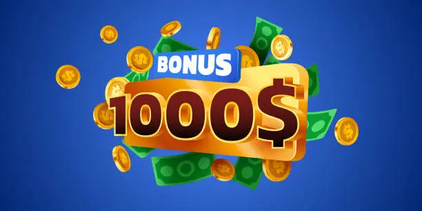 Vector illustration of 1000 dollars bonus. Falling golden coins. Cashback or prize concept.