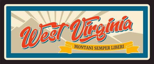 West Virginia retro travel plate, American state vintage vector banner, Montani Semper Liberi lettering. Vector sign for travel destination, antique signboard, touristic landmark plaque