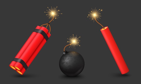 Realistic bomb and TNT dynamite with burning fuse, vector explosives. Black bomb ball with fire wick fuse, TNT dynamite sticks with spark for boom or detonator weapon as isolated realistic objects