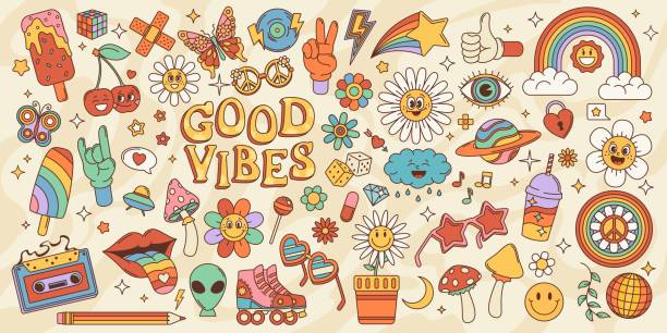 illustrations, cliparts, dessins animés et icônes de ensemble d’autocollants et d’icônes rétro groovy psychédélique - hippie