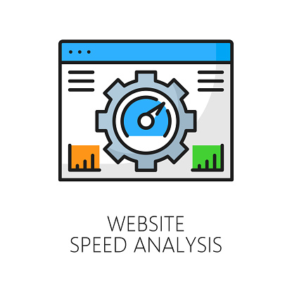 Website speed analysis. Web audit icon of internet website page with vector thin line loading speed test report, gear and speedometer. SEO, web site development and digital business optimization