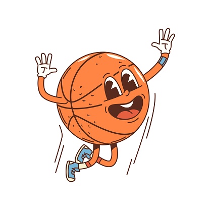 Cartoon groovy basketball ball character, isolated vector psychedelic personage, sport team mascot with a cheerful grin, bouncing into action with funky moves, spreading joy and energetic vibes