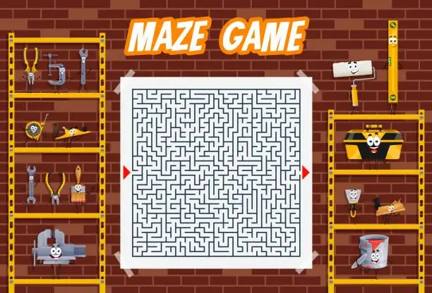 Vector illustration of Kids labyrinth maze quiz game, cartoon DIY tools