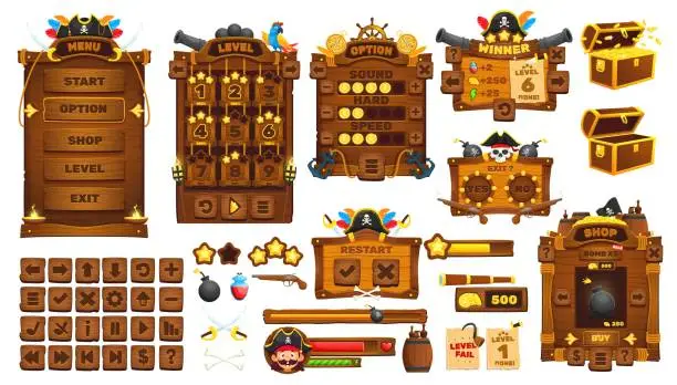 Vector illustration of Pirates corsairs game UI interface buttons, assets