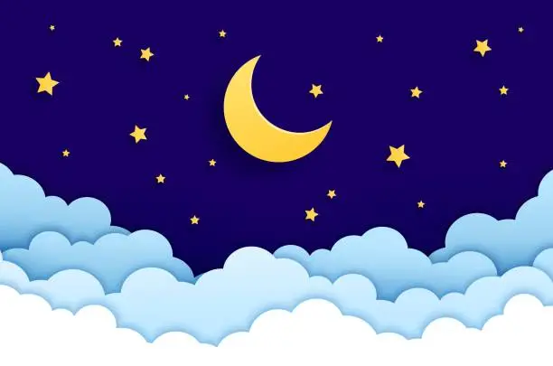 Vector illustration of Paper cut crescent moon night sky, stars, clouds