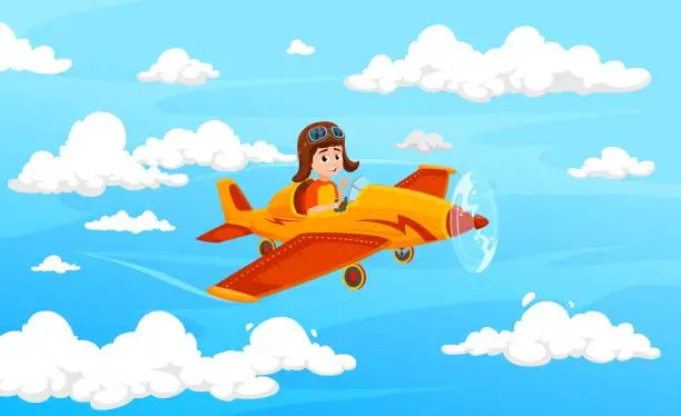 Vector illustration of Boy kid flying on plane, child pilot on airplane