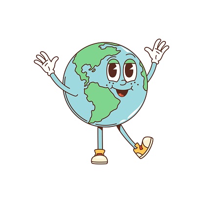 Cartoon groovy globe character. Isolated vector vibrant Earth planet personage dances with joy, wide smile and colorful landscape patterns, radiating positive energy and retro eco-friendly vibes