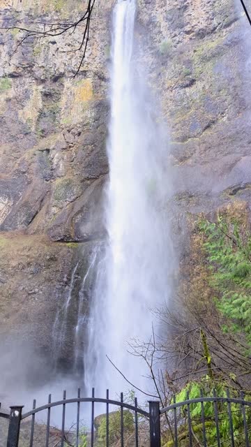 Close-up of the roaring Multnomah Falls from the Multnomah Creek Bridge on a February day.