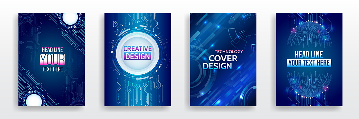 Modern technology design for posters. Futuristic background for flyer, brochure. Scientific cover template for presentation, banner. Set of high-tech covers for marketing.