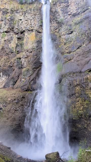 Close-up of the roaring Multnomah Falls from the Multnomah Creek Bridge on a February day.