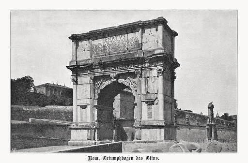 Historical view of the Arch of Titus, located on the Via Sacra, Rome, just to the south-east of the Roman Forum. It was constructed in c. AD 81 by Emperor Domitian. Erected in honor of the Emperor Titus, for his victory over the rebels in Judea and the conquest of Jerusalem in 71 AD. Halftone print based on a photograph, published in 1899.