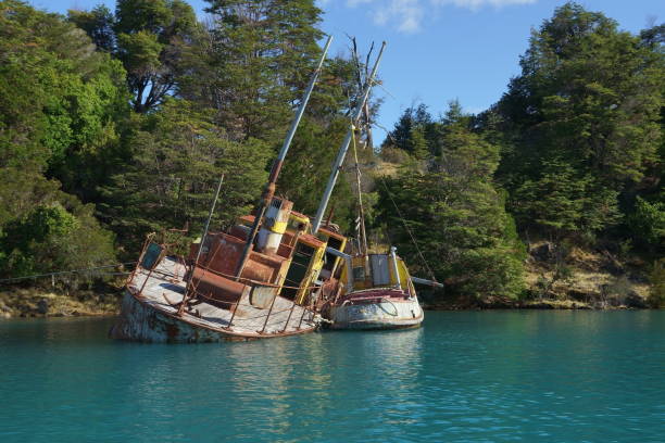 Old ships wrecked staying in a lake bayshore