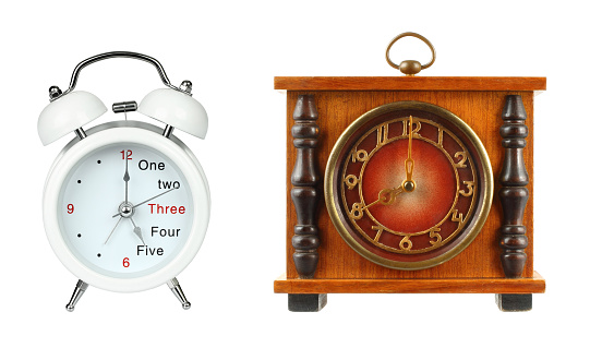 Old, dusty alarm clock, on white background. Lot of copy space