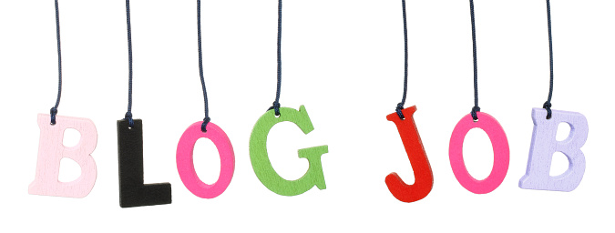 Set of Color Hanging Wooden Letters forming the Blog and Job words, isolated on a transparent background