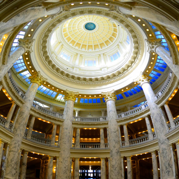 State capital building dome with lights and glass marble historic government