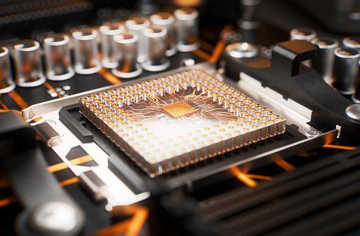 Part of a series images of semiconductors and microchips being installed by robots on a mother board. Conceptual 3D designed computer graphics.