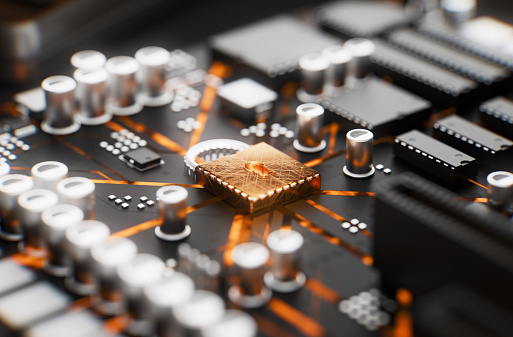 A CPU shaped as a padlock on a mother board, inside of a computer. Part of a series images of semiconductors and microchips being installed by robots on a mother board. Conceptual 3D designed computer graphics that visualize cybersecurity.