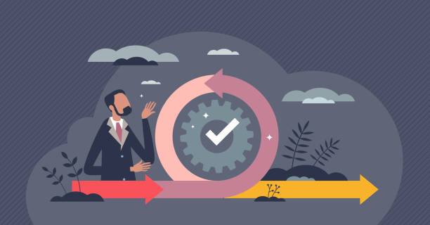 Agile management application principles for lean method tiny person concept Agile management application principles for lean method flow tiny person concept. Software development process framework and technique for effective order to launch product vector illustration. scrum stock illustrations