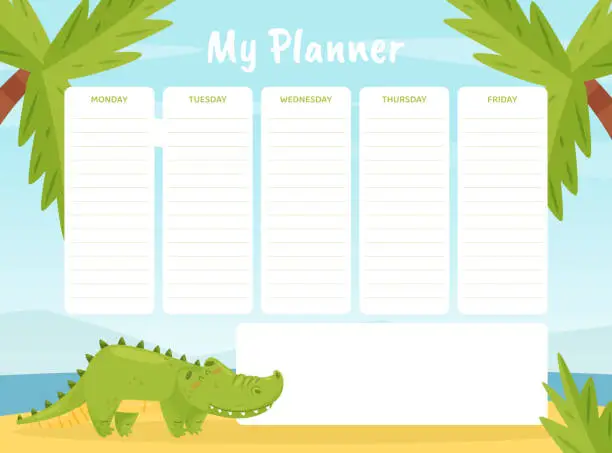 Vector illustration of Cute Crocodile Character Planner with Week Day Vector Template