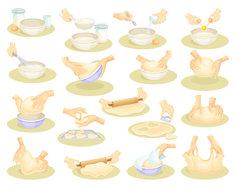 Dough Kneading with Hands and Homemade Bakery Big Vector Set. Making Pastry and Baking Process