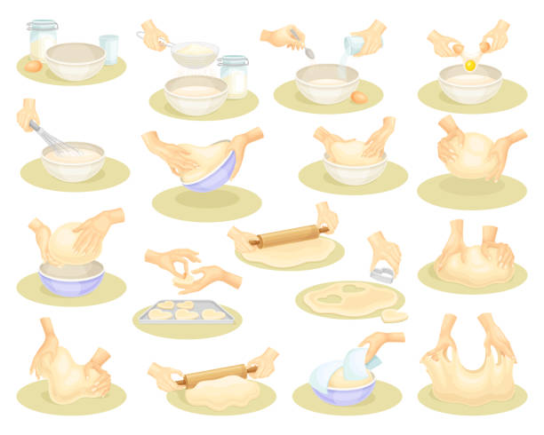 Dough Kneading with Hands and Homemade Bakery Big Vector Set Dough Kneading with Hands and Homemade Bakery Big Vector Set. Making Pastry and Baking Process rolling dough stock illustrations