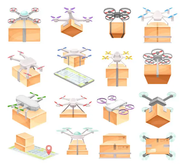 Vector illustration of Drone Carrying Cardboard Parcel Box to Point of Destination Big Vector Set