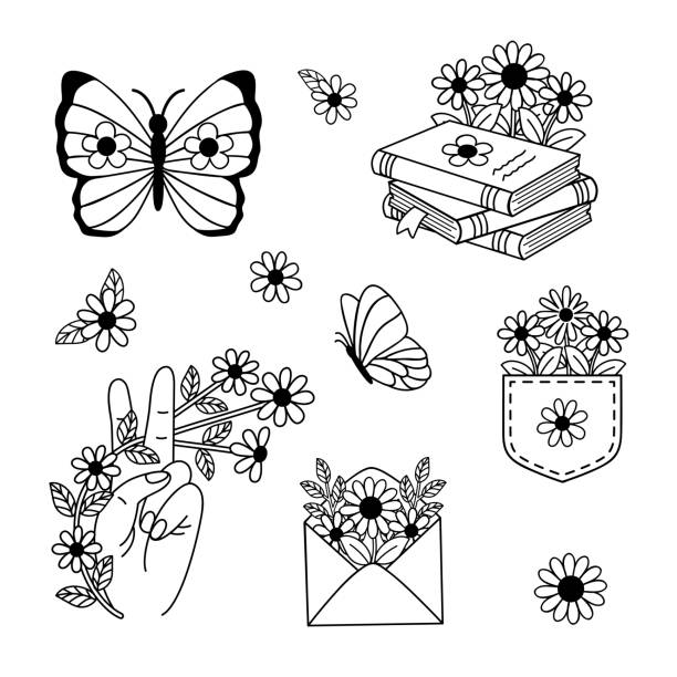 ilustrações, clipart, desenhos animados e ícones de conjunto de esboço isolado flor retro, livros, borboleta - peace sign