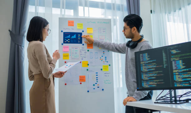 Developer team present project interface design with board and solving problem at office Developer team present project interface design with board and solving problem at office software development planning stock pictures, royalty-free photos & images