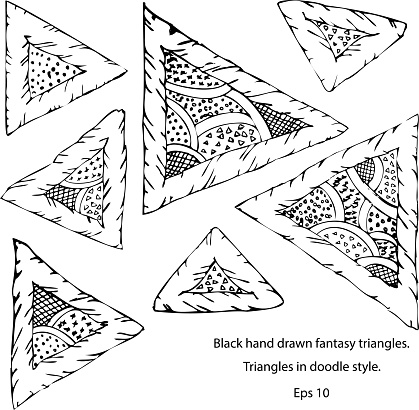 fantasy triangles in hand-drawing style can add a whimsical touch to designs. for a captivating visual impact. different textures. set of triangles. Eps 10