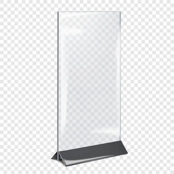 Vector illustration of Table tent. Clear countertop pop banner stand. Realistic mockup. Desktop promo graphic holder vector mock-up. Blank transparent counter display template