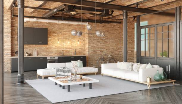 istock A modern loft living room with a couch, a kitchen 2075834340