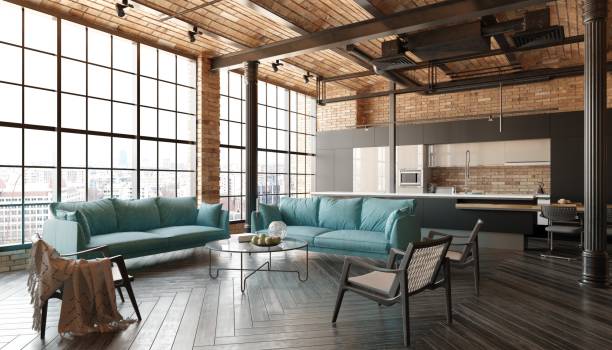 istock A modern loft living room with a couch, a kitchen 2075834345