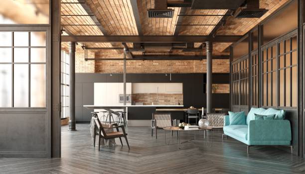 istock A modern loft living room with a couch, a kitchen 2075835116