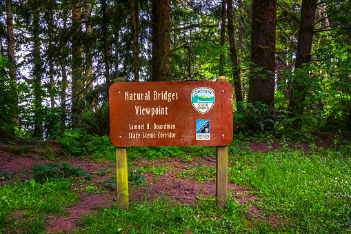 Brookings, Oregon, USA - June 06, 2023 : Sign for Natural Bridges Viewpoint in the Samuel H. Boardman State Scenic Corridor, Oregon.