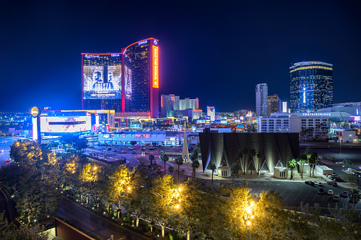 Las Vegas, Nevada, USA - November 10, 2023: Night view of Las Vegas Strip featuring Fontainebleau, Conrad, Hilton at Resorts World, Circus Circus Hotel and Casino, Guardian Angel Cathedral and more.