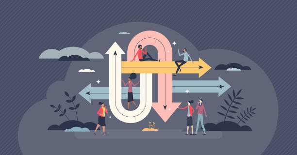 illustrations, cliparts, dessins animés et icônes de chemin de décision en tant que routes avec diverses options de solution concept de personne minuscule - choix