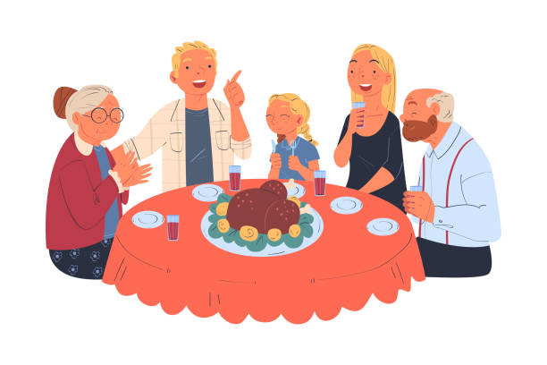 一緒に休日を祝うお祝いの七面鳥を食べるテーブルに座っている幸せな家族ベクトル図 - parent thanksgiving eating food点のイラスト素材／クリップアート素材／マンガ素材／アイコン素材