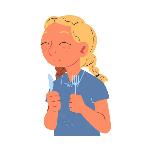 Vector illustration of Hungry Little Girl with Blond Braided Hair Holding Fork and Knife Ready to Eat Vector Illustration