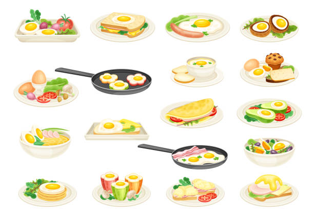 Tasty Egg Food with Cooked Meal Served on Plates Big Vector Set Tasty Egg Food with Cooked Meal Served on Plates Big Vector Set. Delicious Breakfast Dish and Protein Nutrition omelette on the plate stock illustrations