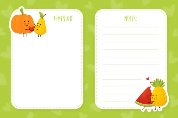 Vector illustration of Cute Fruit Couple Empty Note Card Vector Template